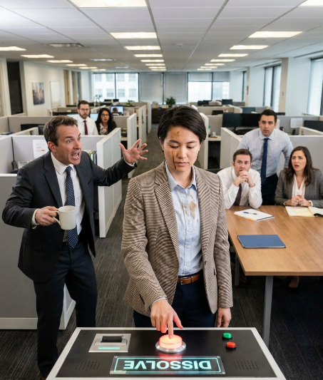 After my department head threw a cup of coffee in my face in front of the whole company, I calmly raised my hand and pressed the “Dissolve” button.